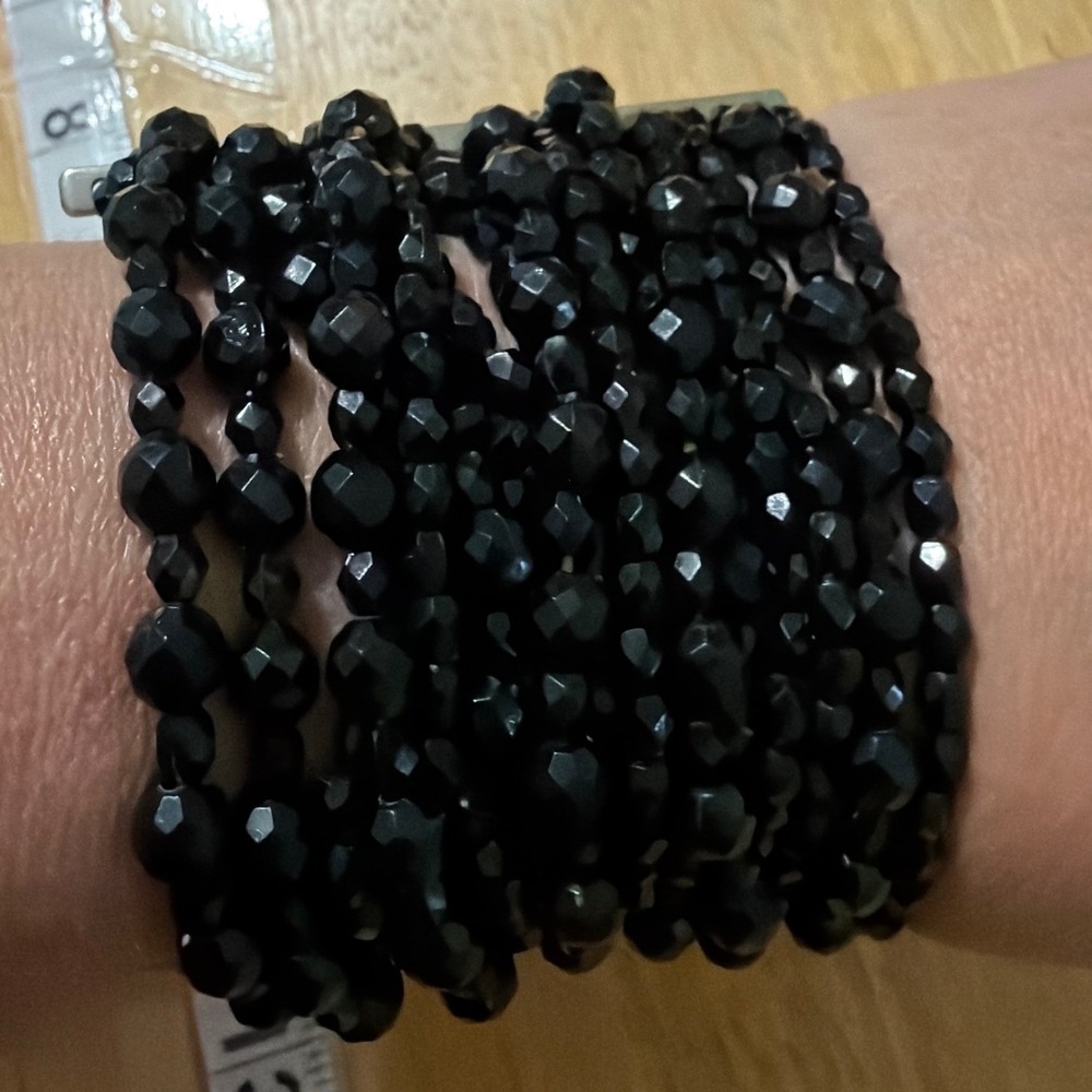 Multi Strand Black Faceted Bead Stretch Cuff Bracelet Wide Dark Romance